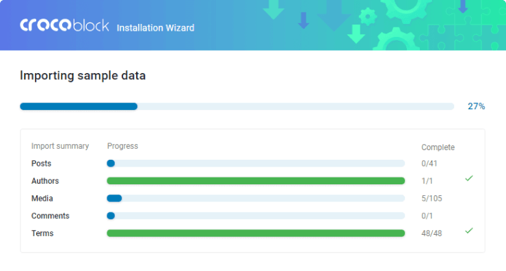 Crocoblock Wizard importing data progress