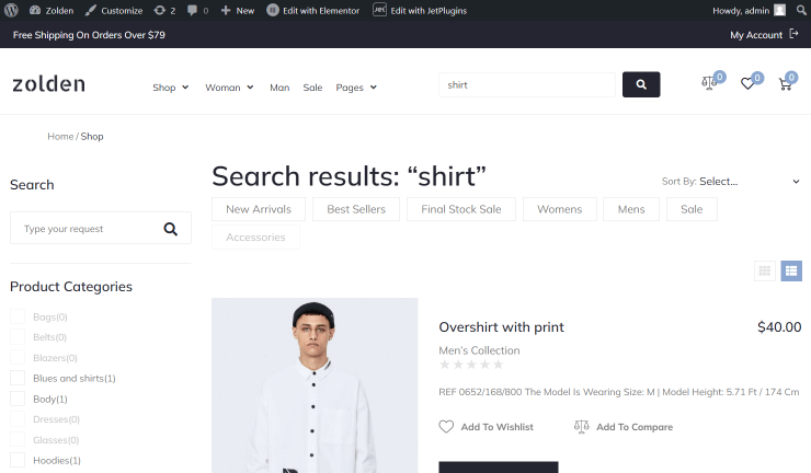 search page template on the front end