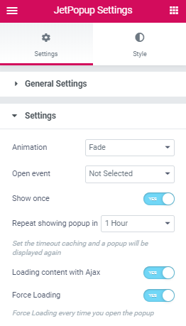 settings of popup widget