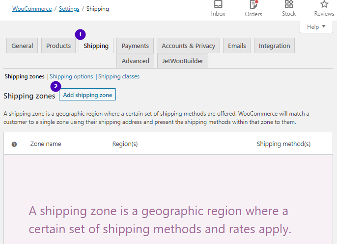 shipping zones tab