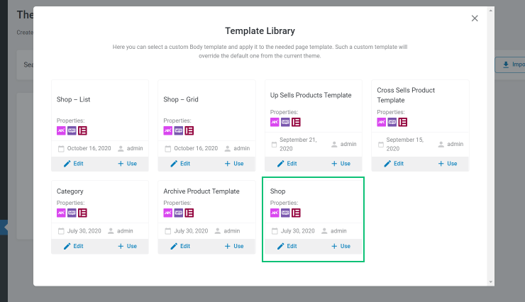 shop template in the template library