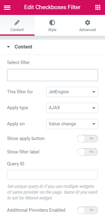 smart filters content tab