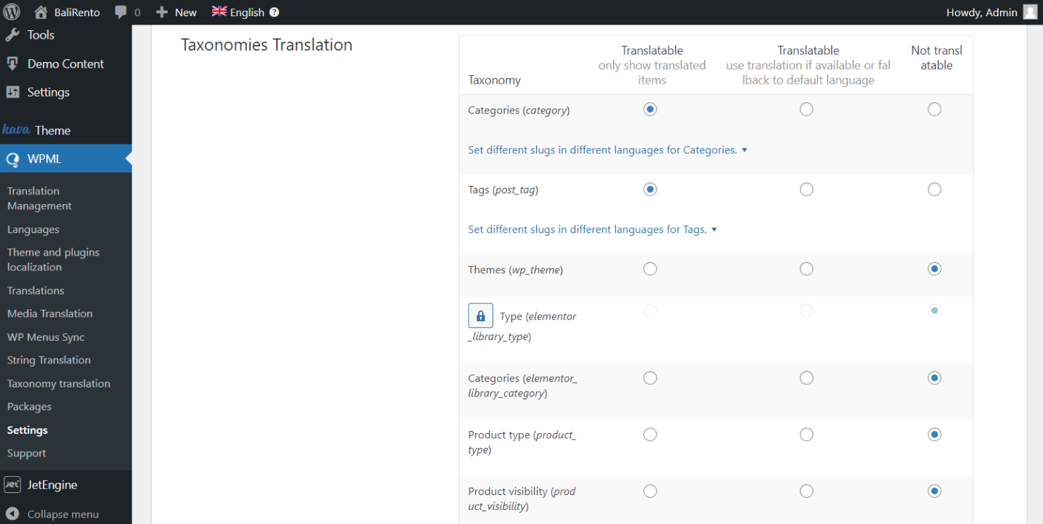 taxonomies translation settings