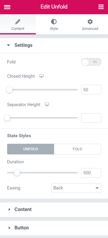 Unfold widget settings