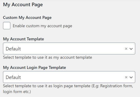 My Account page settings