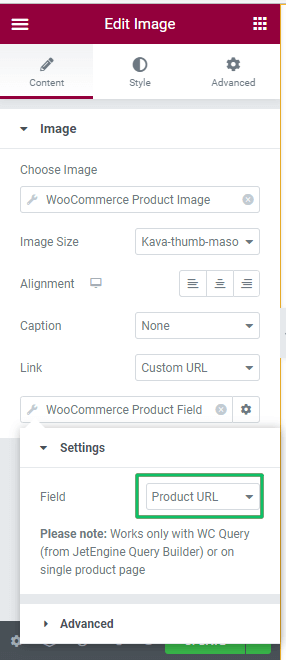 woocommerce product settings of the image widget