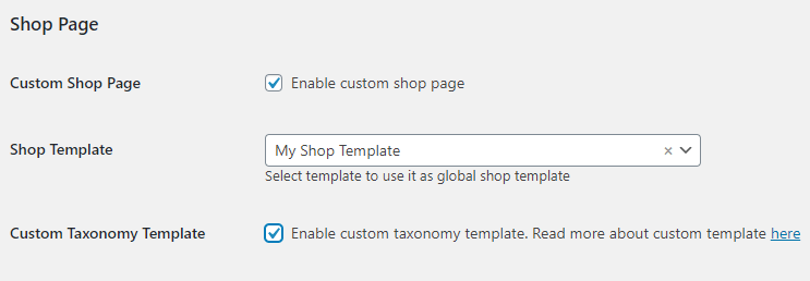 Shop settings of JetWooBuilder