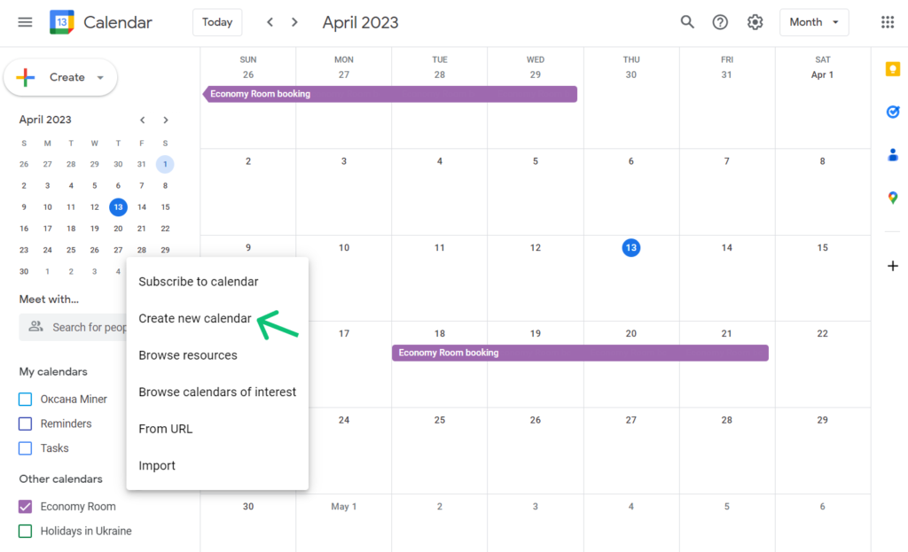 create new calendar in the Google Calendar