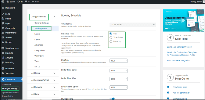 jetappointment working hours settings