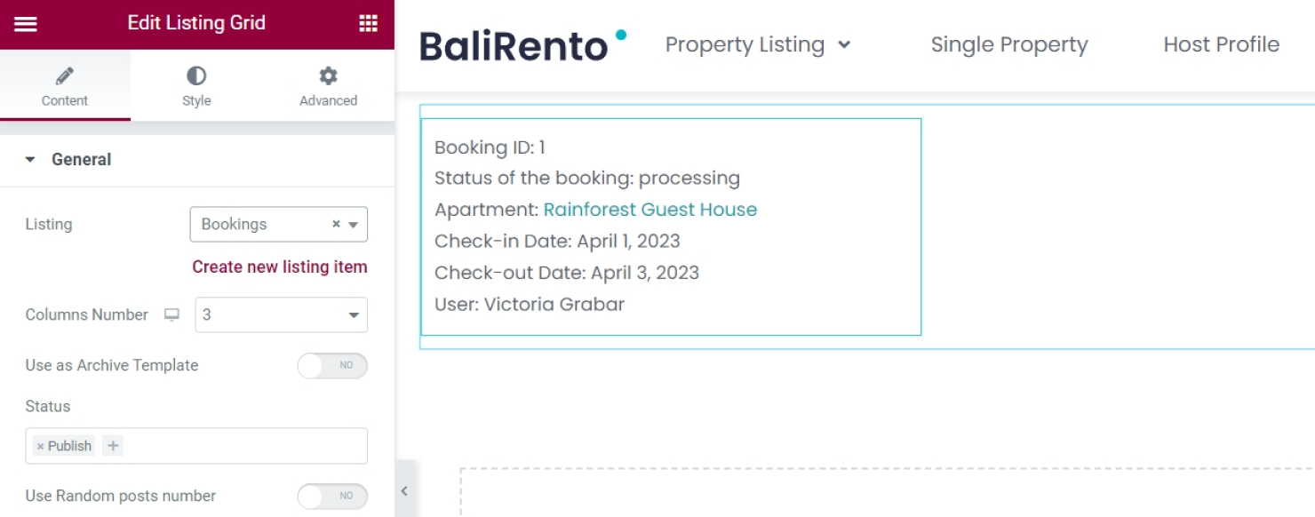 selecting listing template for bookings in listing grid widget