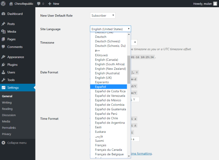 general settings for site language