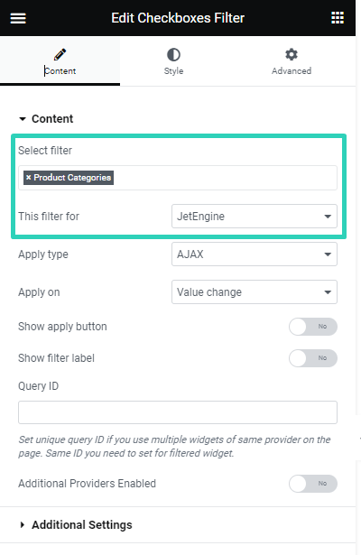checkboxes filter settings in elementor