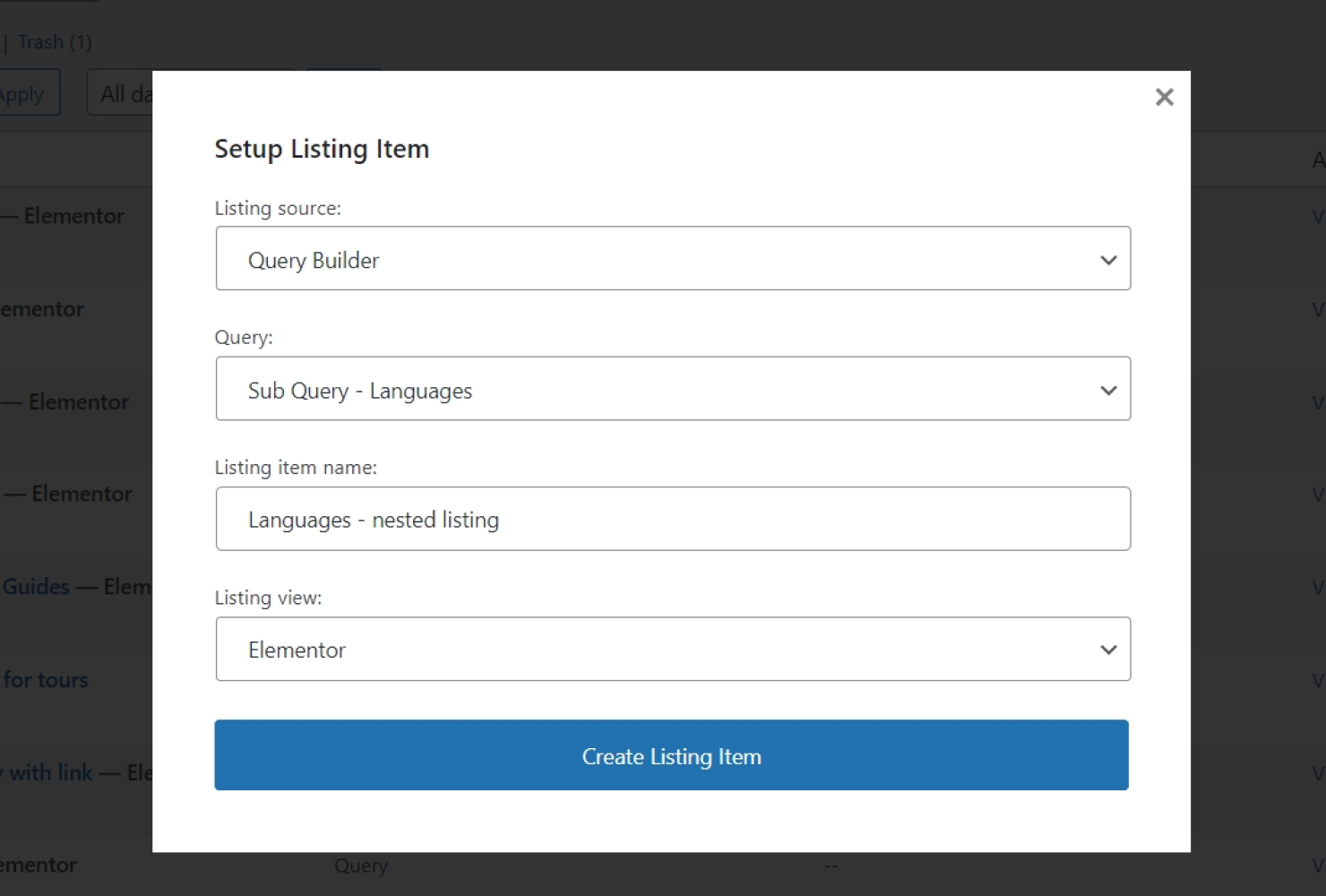 creating listing for sub query in elementor