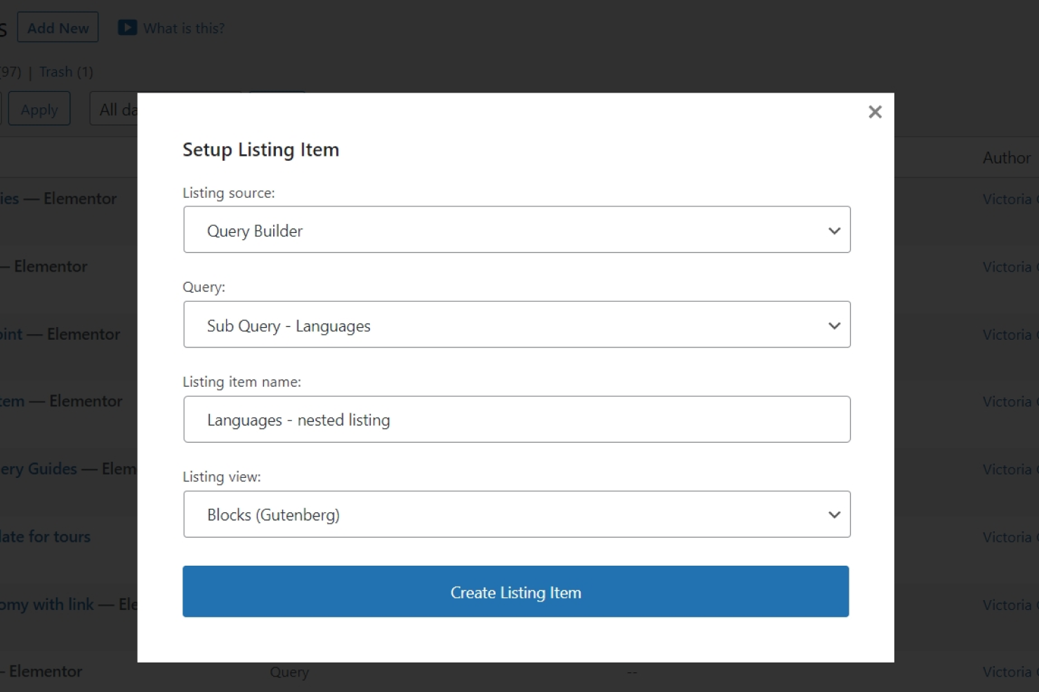 creating listing for sub query in gutenberg