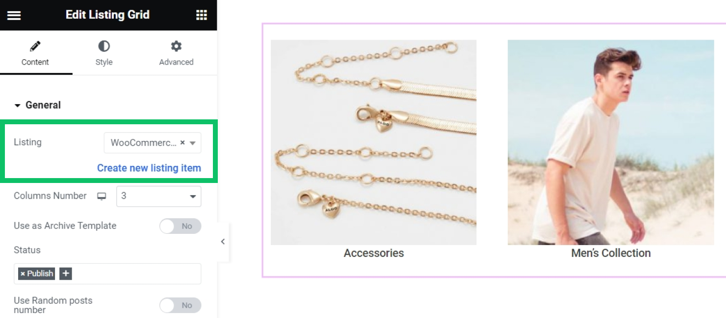 displaying product categories of woocommerce in listing grid widget