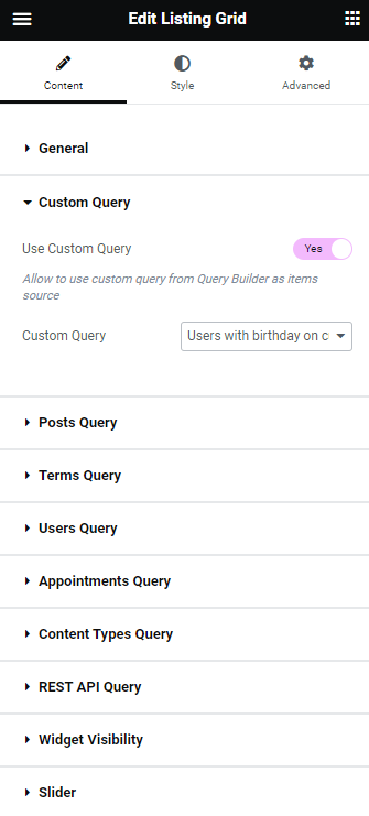 listing grid with the custom query