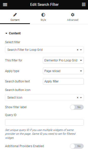 search filter settings