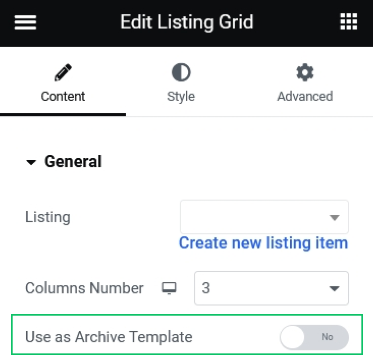 use as archive template setting in listing grid