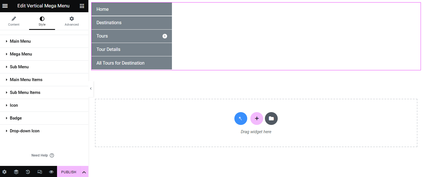 vertical mega menu style settings