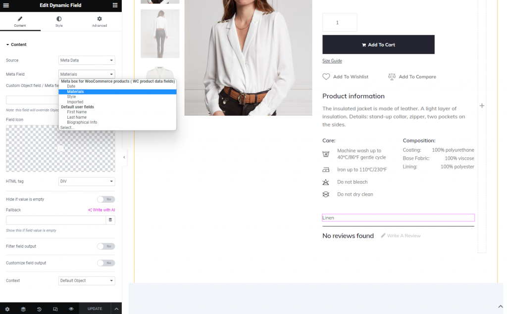 dynamic field on the single product page