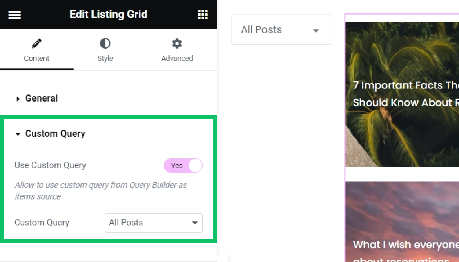 applying a posts query to the listing grid widget in elementor