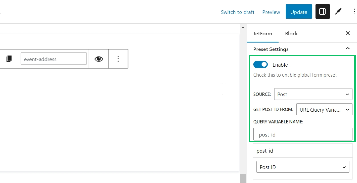 configuring preset settings in the form for editing events in jetformbuilder