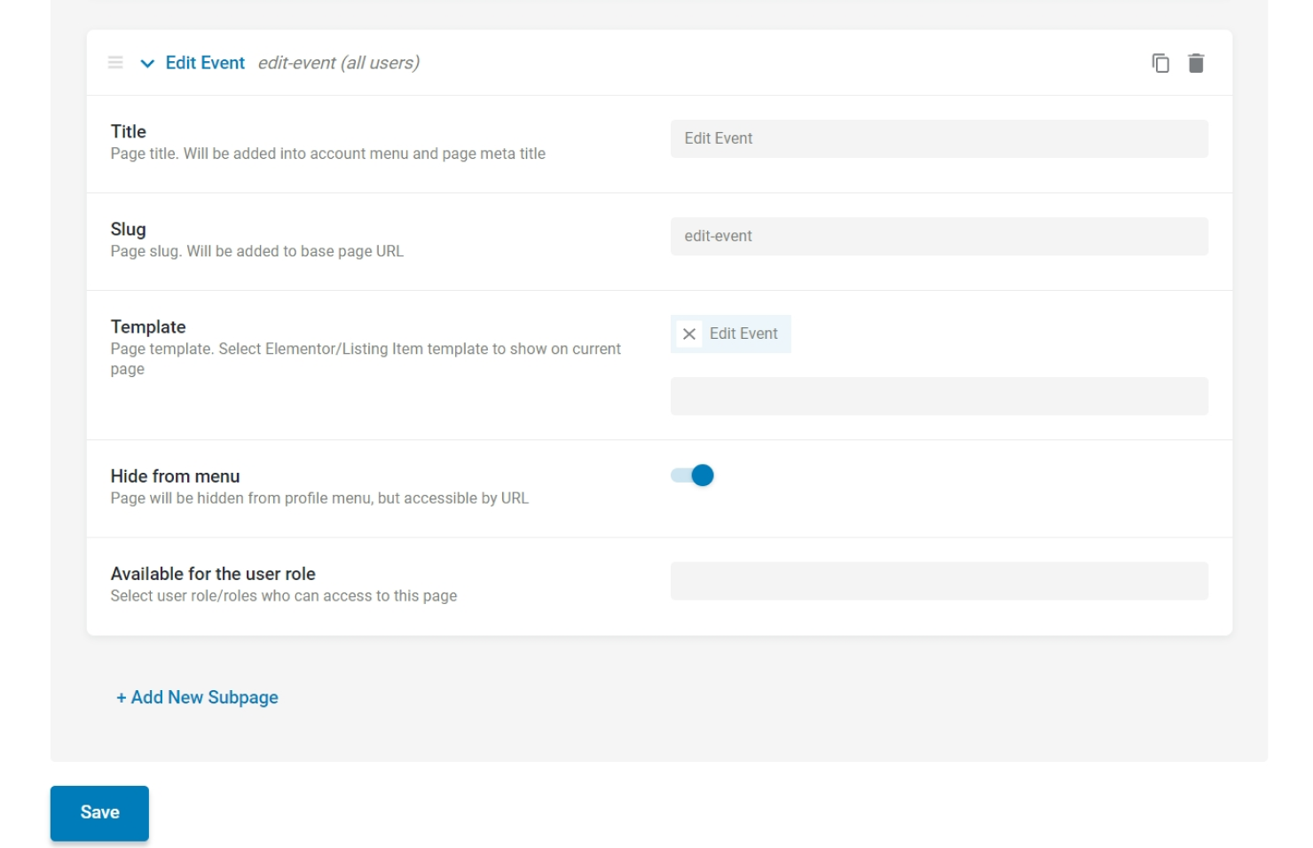 creating new subpage for posts editing form in profile builder of jetengine