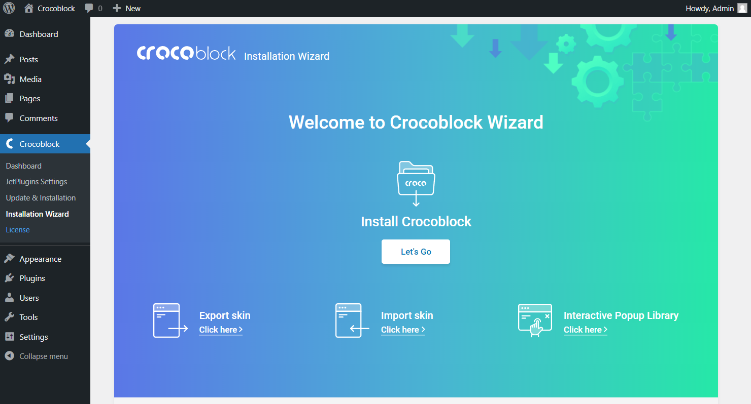 crocoblock installation wizard welcome page