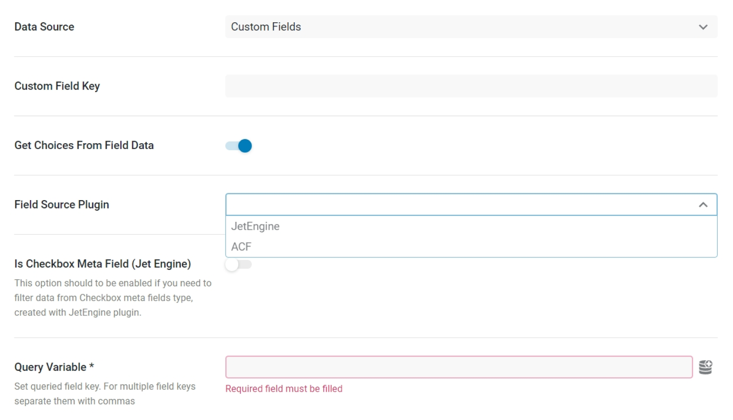 custom fields data source in jetsmartfilters settings