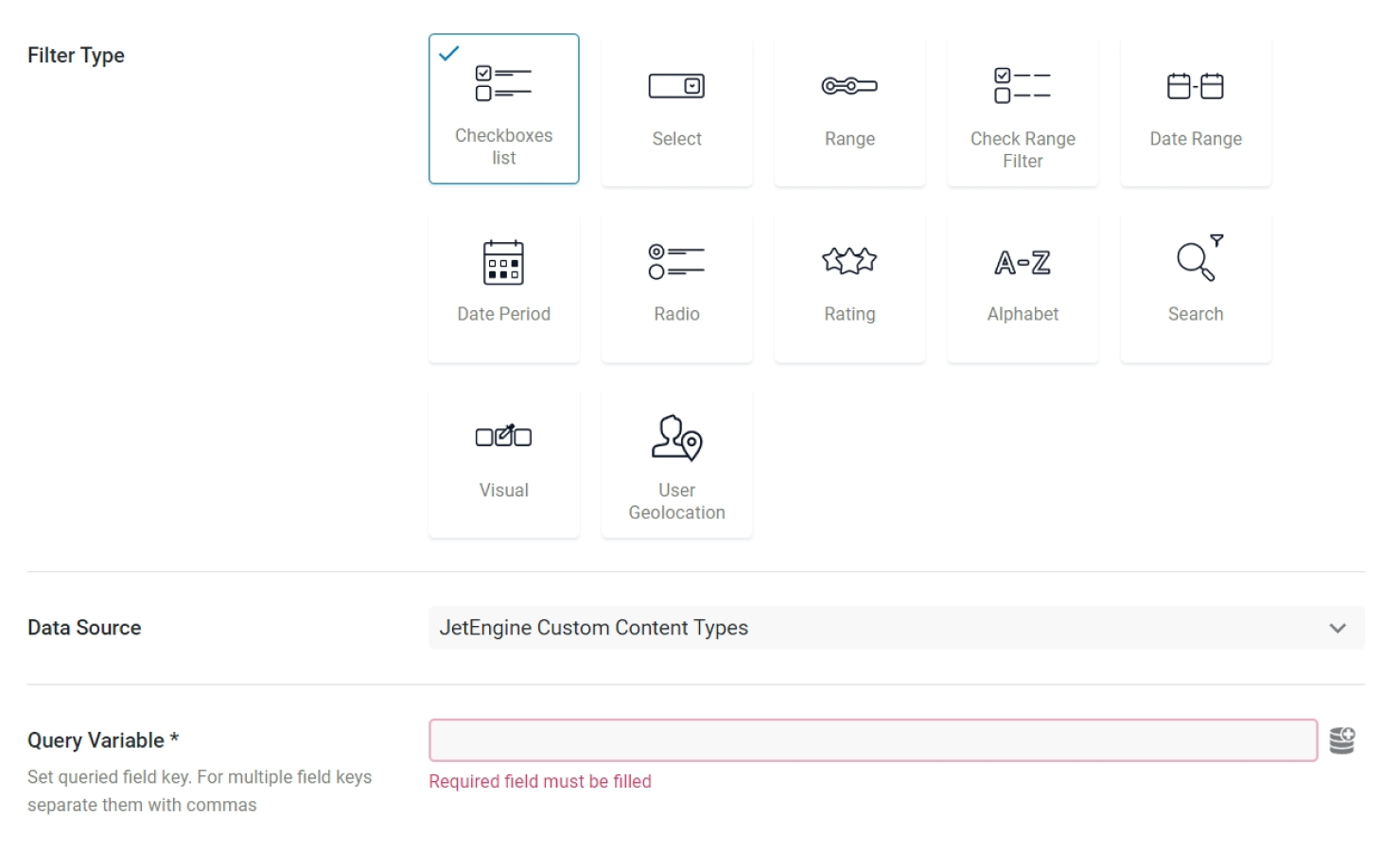 jetengine custom content types data source in jetsmartfilters settings overview