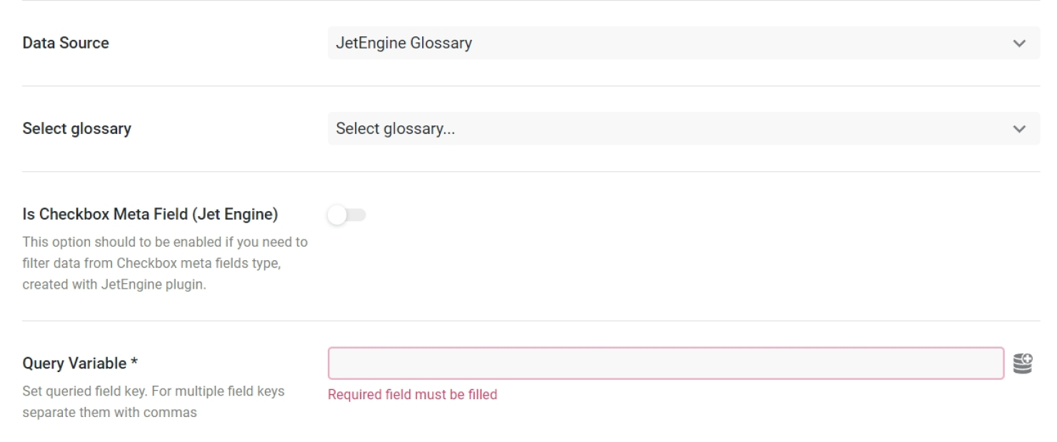 jetengine glossary data source in jetsmartfilters settings