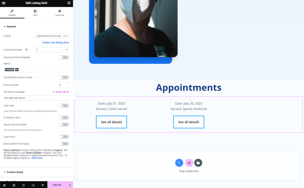 listing grid with appointments on the profile page