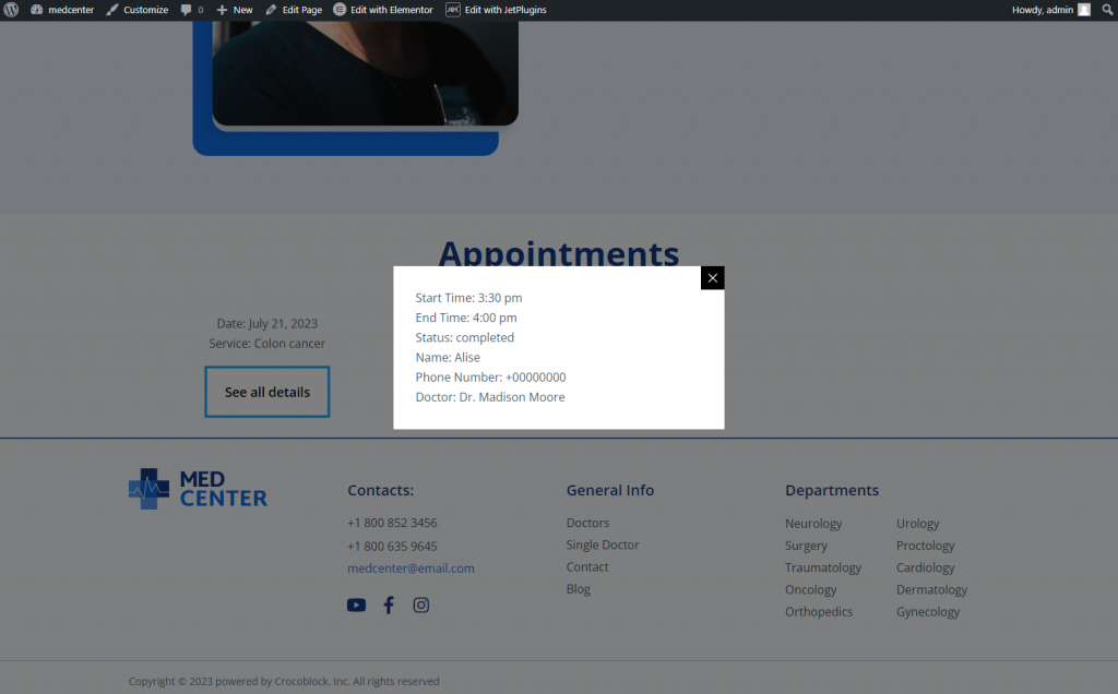 open the dynamic pop-up with appointment details