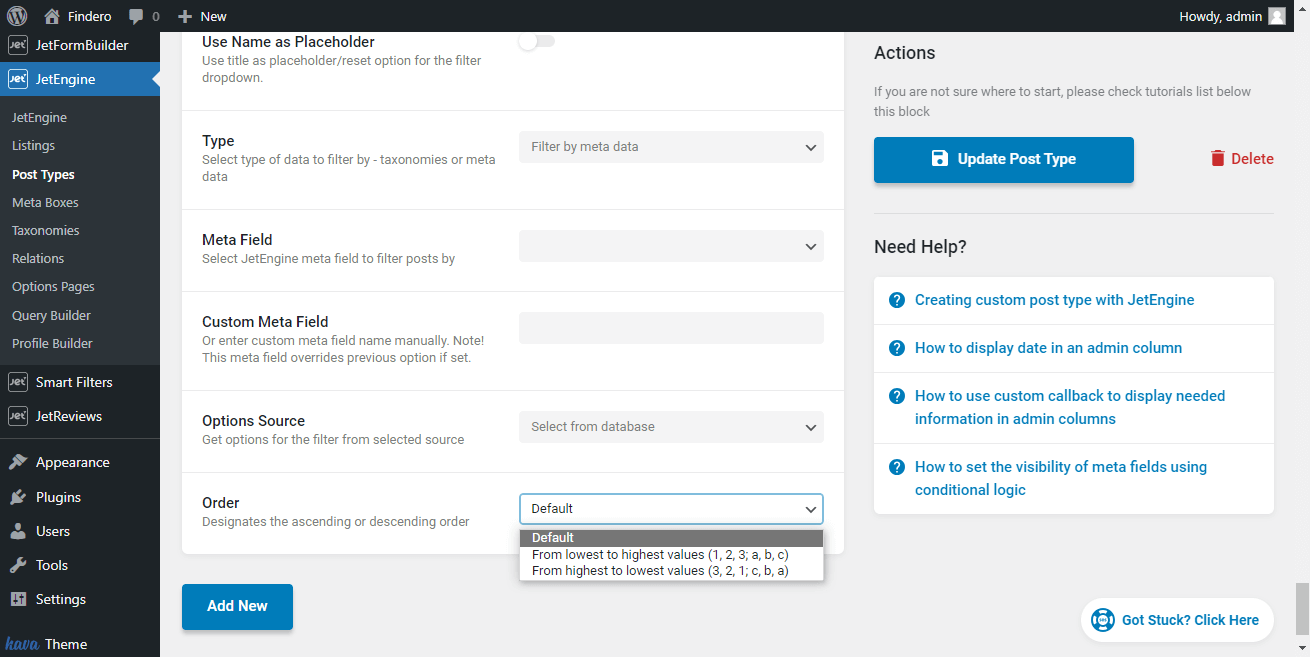 options source admin filter settings