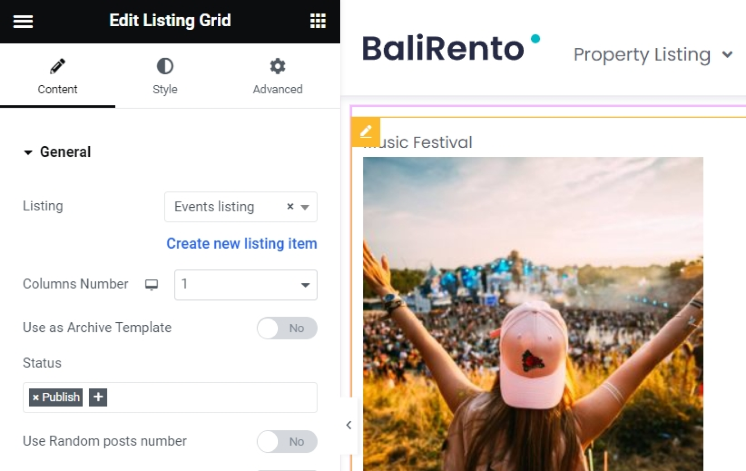placing listing of events on the profile builder template