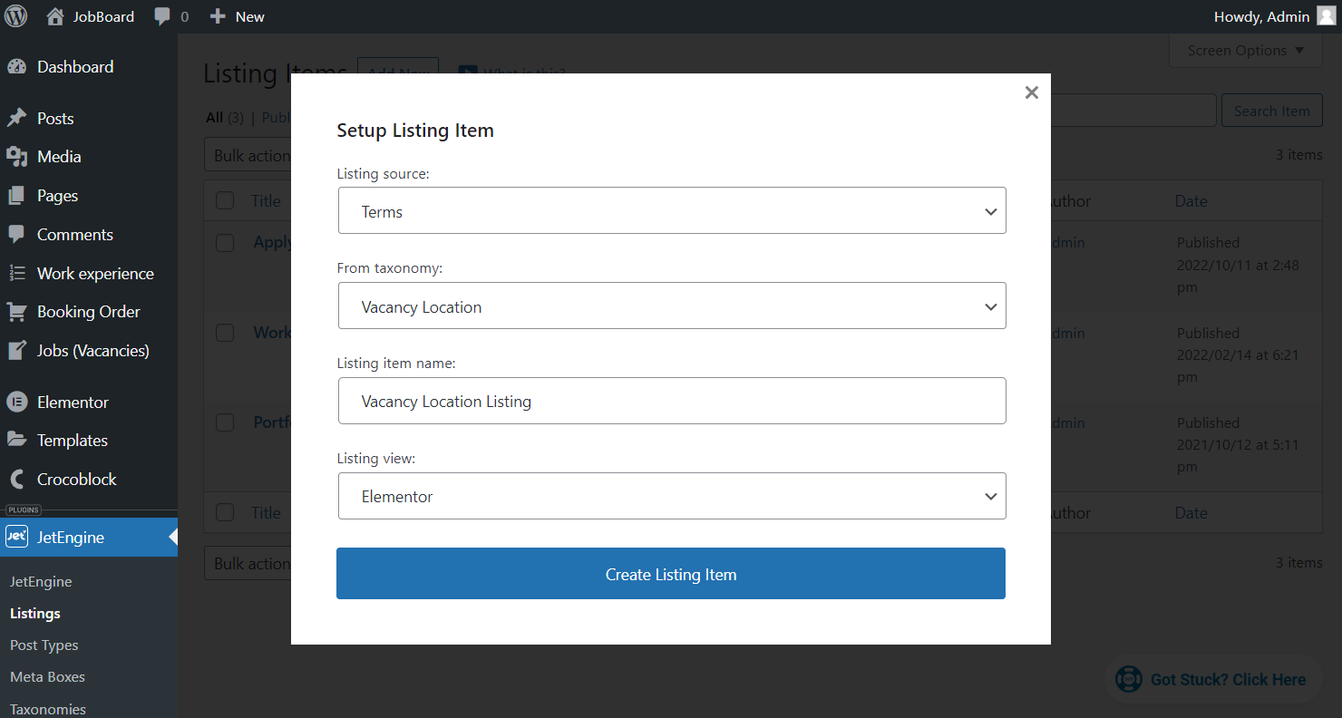 setup listing item for terms popup