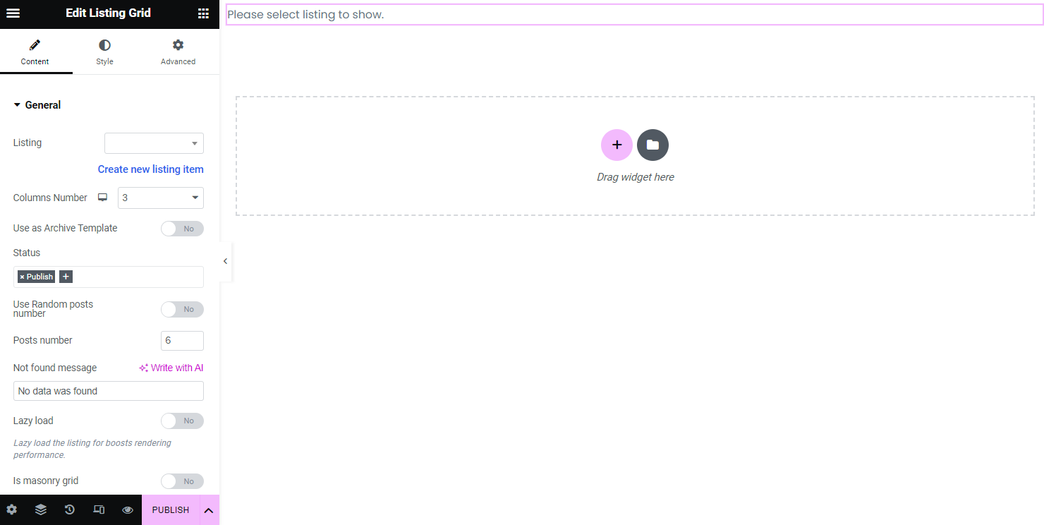 the first part of the listing grid general settings