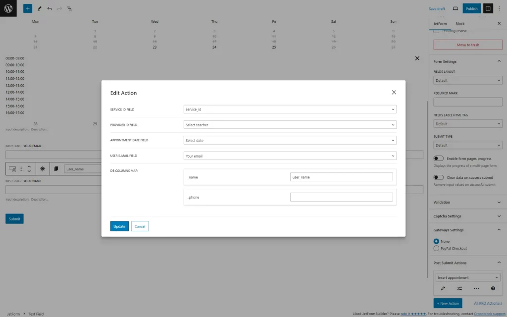 edit action pop-up in the service booking form