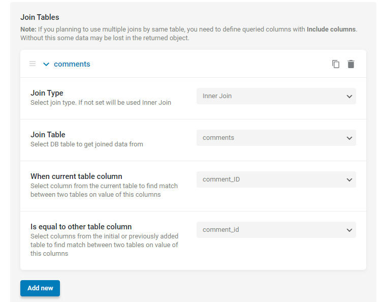 comments table in the join tables section