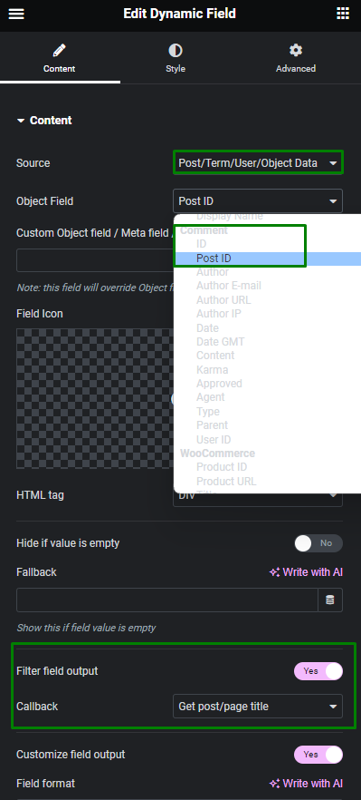 product title dynamic field in the elementor page builder