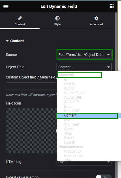 content review dynamic field in the elementor page builder