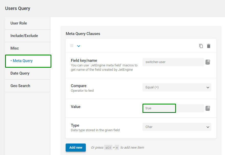 meta query clause to pull users with enabled switcher
