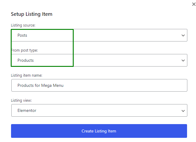 setup listing item for WooCommerce products