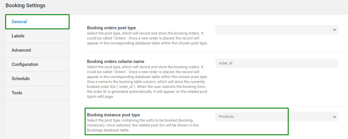 booking instance post type field in the general settings