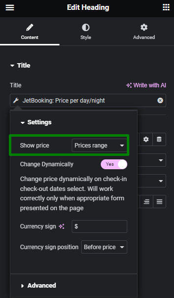 prices range option selected
