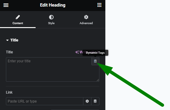 dynamic tags button in the heading widget