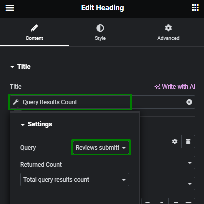 query results count dynamic tag in heading widget