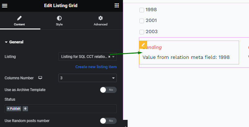 listing from sql cct relation in a listing grid
