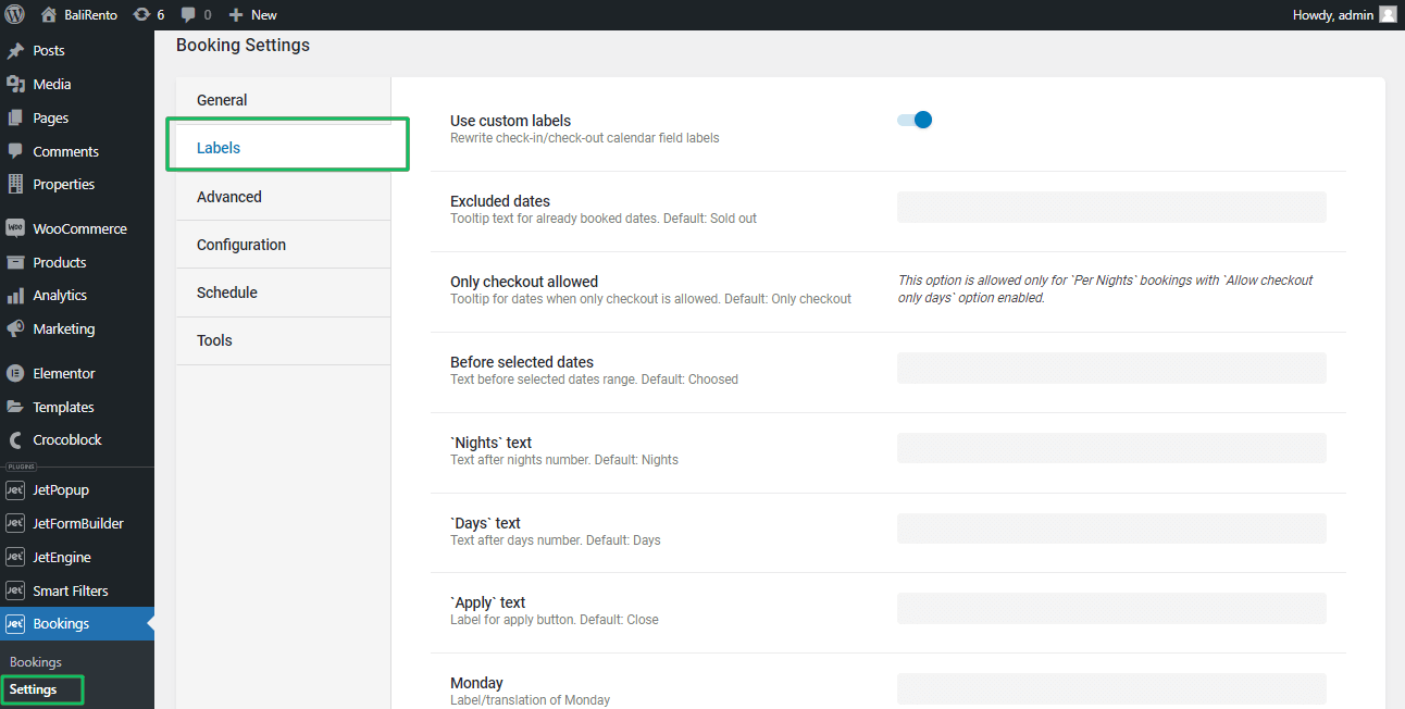 jetbooking label settings