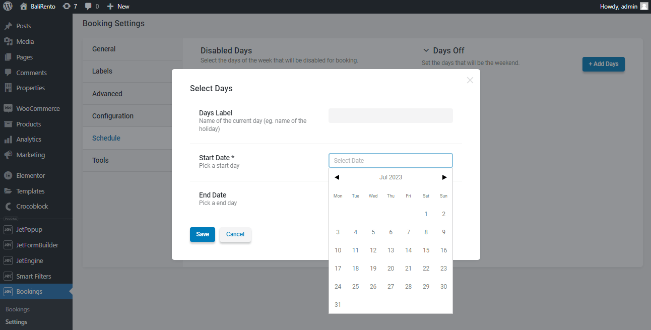 jetbooking select days settings